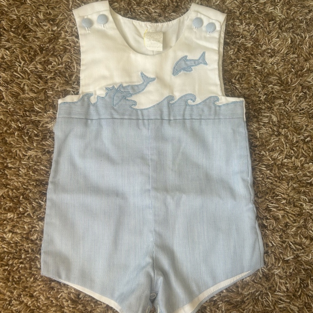 Vintage Blue White Dolphin Ocean Embroidered Romper Overall | Size 12 Months